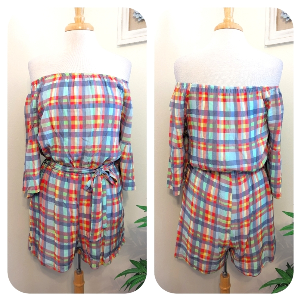Sperry Plaid Off Shoulder Romper Jumpsuit Multicolor Medium